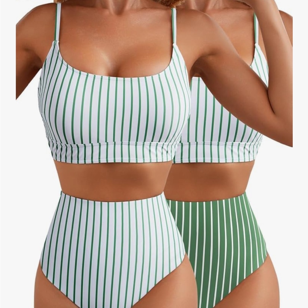 Herseas Striped Green and White Bikini Set